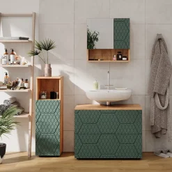 Badmöbel-Set Irma Eiche Grün 4-teilig Midischrank 95 cm Waschbeckenschrank 80 cm ^ Vicco Online