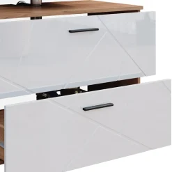 Badmöbelset Irma Eiche Weiß Hochglanz modern Badezimmerschrank Badschrank Badezimmermöbel Waschtischunterschrank Spiegelschrank Kommode Hochschrank Schrankschublade Schranktür Schrankfach ^ Vicco Best