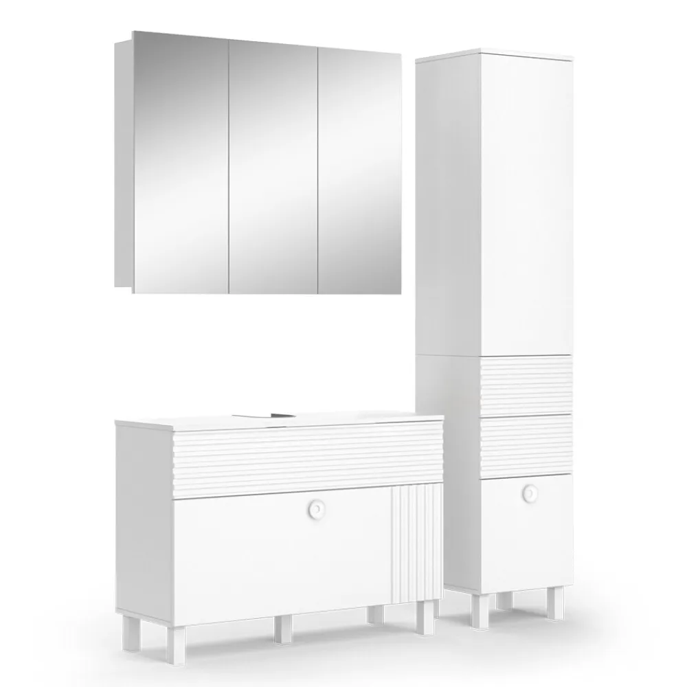 Badmöbel-Set Sola Weiß matt, moderne Serie, Badezimmer, dekorative Front Waschtischunterschrank Spiegelschrank Hochschrank ^ Vicco Online