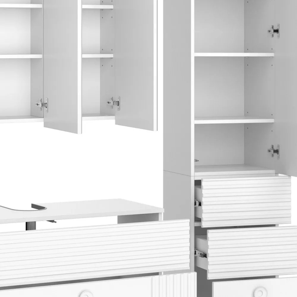 Badmöbel-Set Sola Weiß matt, moderne Serie, Badezimmer, dekorative Front Waschtischunterschrank Spiegelschrank Hochschrank ^ Vicco Online