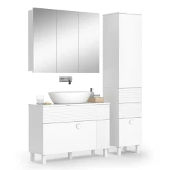 Badmöbel-Set Sola Weiß matt, moderne Serie, Badezimmer, dekorative Front Waschtischunterschrank Spiegelschrank Hochschrank ^ Vicco Online