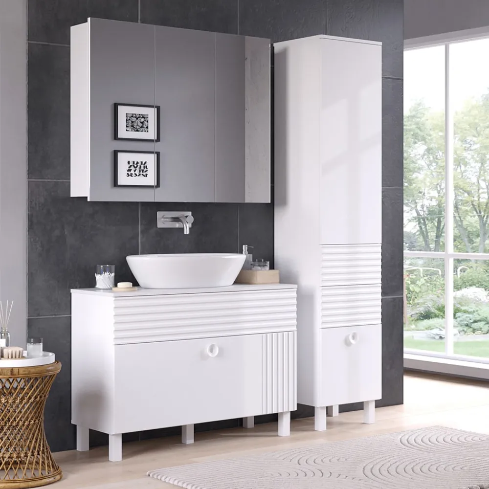 Badmöbel-Set Sola Weiß matt, moderne Serie, Badezimmer, dekorative Front Waschtischunterschrank Spiegelschrank Hochschrank ^ Vicco Online