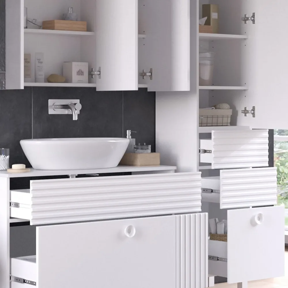 Badmöbel-Set Sola Weiß matt, moderne Serie, Badezimmer, dekorative Front Waschtischunterschrank Spiegelschrank Hochschrank ^ Vicco Online