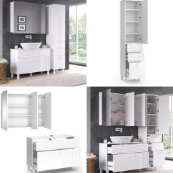 Badmöbel-Set Sola Weiß matt, moderne Serie, Badezimmer, dekorative Front Waschtischunterschrank Spiegelschrank Hochschrank ^ Vicco Online