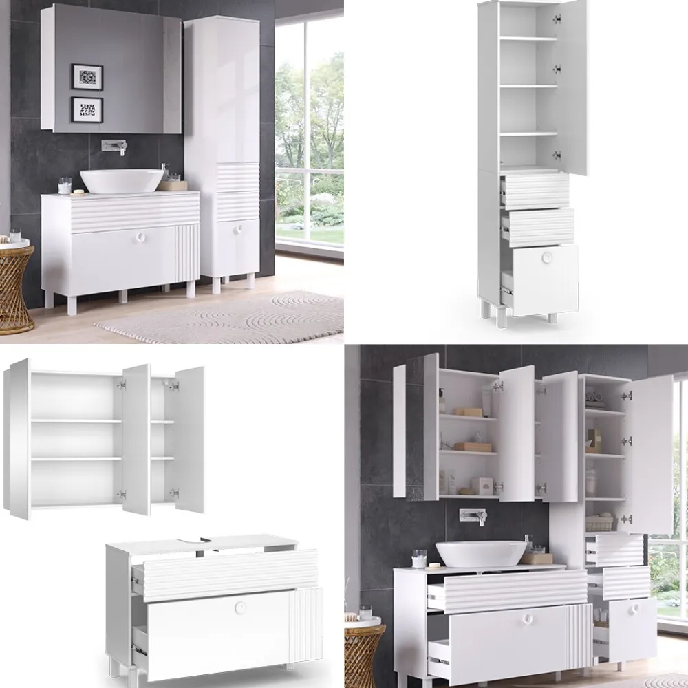 Badmöbel-Set Sola Weiß matt, moderne Serie, Badezimmer, dekorative Front Waschtischunterschrank Spiegelschrank Hochschrank ^ Vicco Online