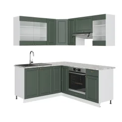 Eckküche Küchenzeile Einbauküche Fame-Line Landhaus Weiß Grün Gold 190 cm Schubunterschrank Spülenunterschrank Eckunterschrank Herdumbauschrank Hängeglasschrank Hängeschrank ^ Vicco Discount