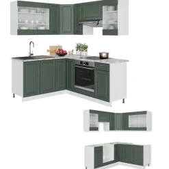 Eckküche Küchenzeile Einbauküche Fame-Line Landhaus Weiß Grün Gold 190 cm Schubunterschrank Spülenunterschrank Eckunterschrank Herdumbauschrank Hängeglasschrank Hängeschrank ^ Vicco Discount