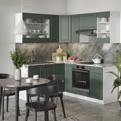 Eckküche Küchenzeile Einbauküche Fame-Line Landhaus Weiß Grün Gold 190 cm Schubunterschrank Spülenunterschrank Eckunterschrank Herdumbauschrank Hängeglasschrank Hängeschrank ^ Vicco Discount