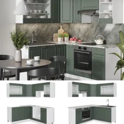 Eckküche Küchenzeile Einbauküche Fame-Line Landhaus Weiß Grün Gold 190 cm Schubunterschrank Spülenunterschrank Eckunterschrank Herdumbauschrank Hängeglasschrank Hängeschrank ^ Vicco Discount