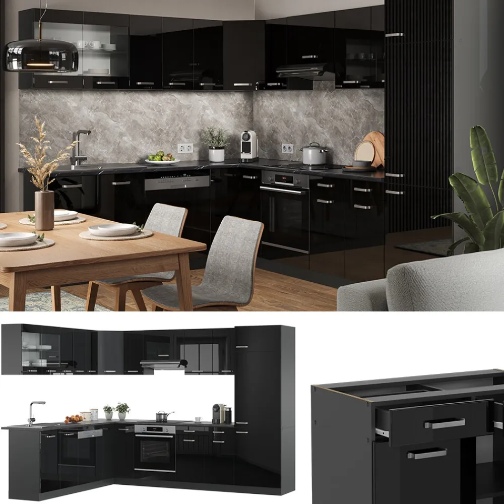 Eckküche R-Line Solid Anthrazit Schwarz 287x227 cm modern Küchenschränke Küchenmöbel ^ Vicco Discount