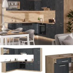 Eckküche R-Line 287x227 cm Schwarz Beton Eiche mit Arbeitsplatte Anthrazit ^ Vicco Discount