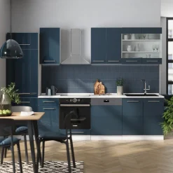 Küchenzeile Fame-Line Weiß Dunkelblau Hochglanz 300 cm mit Arbeitsplatte Weiß-Marmor ^ Vicco Discount