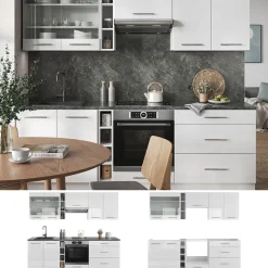 Küchenzeile Küchenblock Einbauküche Fame-Line Weiß 235 cm modern Hochglanz Küchen Schränke Hängeglasschrank Hängeschrank Schubladenunterschrank Spülenunterschrank Herdumbauschrank ^ Vicco Discount