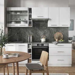 Küchenzeile Küchenblock Einbauküche Fame-Line Weiß 235 cm modern Hochglanz Küchen Schränke Hängeglasschrank Hängeschrank Schubladenunterschrank Spülenunterschrank Herdumbauschrank ^ Vicco Discount