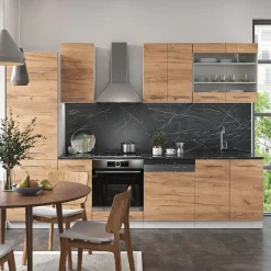 Küchenzeile Küchenblock Einbauküche Fame-Line Weiß Eiche 300 cm modern Küchen Schränke Schubunterschrank Herdumbauschrank Spülenunterschrank Hängeschrank Kühlumbauschrank Geschirrspülerblende ^ Vicco Best