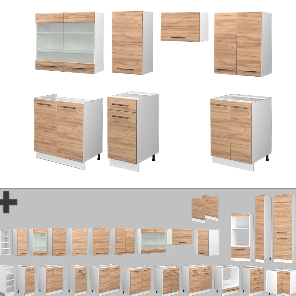 Küchenzeile Küchenblock Einbauküche Fame-Line Weiß Eiche 240 cm modern Küchen Schränke Spülenunterschrank Schubunterschrank Hängeschrank Hängeglasschrank ^ Vicco Discount