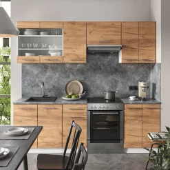 Küchenzeile Küchenblock Einbauküche Fame-Line Weiß Eiche 240 cm modern Küchen Schränke Spülenunterschrank Schubunterschrank Hängeschrank Hängeglasschrank ^ Vicco Discount