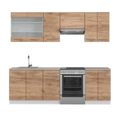 Küchenzeile Küchenblock Einbauküche Fame-Line Weiß Eiche 240 cm modern Küchen Schränke Spülenunterschrank Schubunterschrank Hängeschrank Hängeglasschrank ^ Vicco Discount