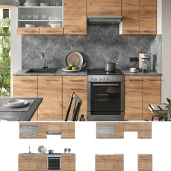 Küchenzeile Küchenblock Einbauküche Fame-Line Weiß Eiche 240 cm modern Küchen Schränke Spülenunterschrank Schubunterschrank Hängeschrank Hängeglasschrank ^ Vicco Discount