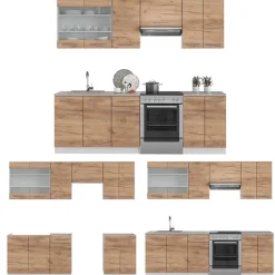 Küchenzeile Küchenblock Einbauküche Fame-Line Weiß Eiche 240 cm modern Küchen Schränke Spülenunterschrank Schubunterschrank Hängeschrank Hängeglasschrank ^ Vicco Discount