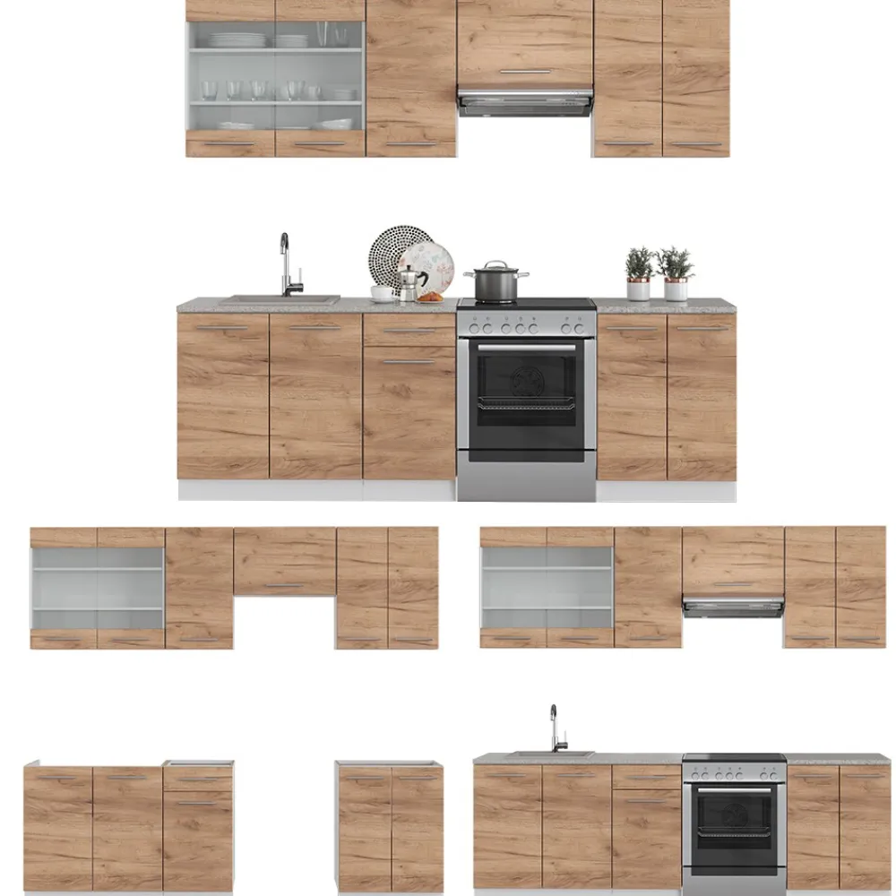 Küchenzeile Küchenblock Einbauküche Fame-Line Weiß Eiche 240 cm modern Küchen Schränke Spülenunterschrank Schubunterschrank Hängeschrank Hängeglasschrank ^ Vicco Discount