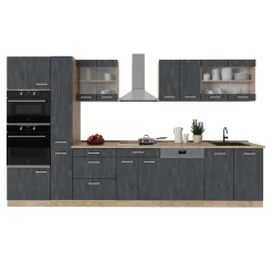 Küchenzeile R-Line 350 cm Schwarz Beton Eiche mit Arbeitsplatte Eiche ^ Vicco Clearance