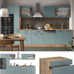 Küchenzeile R-Line Solid Eiche Blau Grau 350 cm modern Küchenschränke Küchenmöbel ^ Vicco Best