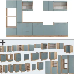 Küchenzeile R-Line Solid Eiche Blau Grau 350 cm modern Küchenschränke Küchenmöbel ^ Vicco Best