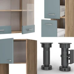 Küchenzeile R-Line Solid Eiche Blau Grau 350 cm modern Küchenschränke Küchenmöbel ^ Vicco Best