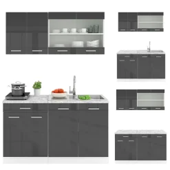 Küchenzeile SINGLE Einbauküche 140 cm Küche Anthrazit Hochglanz R-LINE ^ Vicco