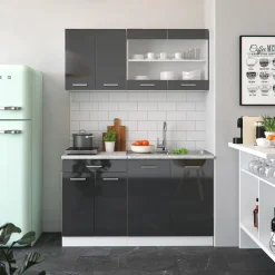 Küchenzeile SINGLE Einbauküche 140 cm Küche Anthrazit Hochglanz R-LINE ^ Vicco