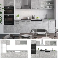 KÜCHE R-LINE 300 CM KÜCHENZEILE KÜCHENBLOCK EINBAUKÜCHE BETON MIT ARBEITSPLATTEN ^ Vicco Discount