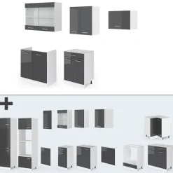 KÜCHE R-LINE 200CM KÜCHENZEILE KÜCHENBLOCK EINBAU Anthrazit Hochglanz ^ Vicco