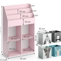 Kinderbücherregal Luigi 72 x 114 cm, Rosa, Kinderzimmerregal, offene Fächer, groß, Faltboxen ^ Vicco New