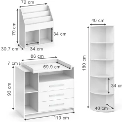 Vicco Kinderzimmer-Set "Oskar", Weiß, 3 Teile, mit Wickelkommode, Spielzeugregal und Bücherregal New