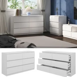Kommode Calisto, Weiß 138 x 78,5 cm, mit 6 Schubfächer, Sideboard, Schrank ^ Vicco New