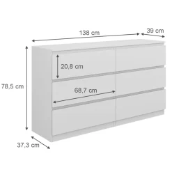 Kommode Calisto, Weiß 138 x 78,5 cm, mit 6 Schubfächer, Sideboard, Schrank ^ Vicco New