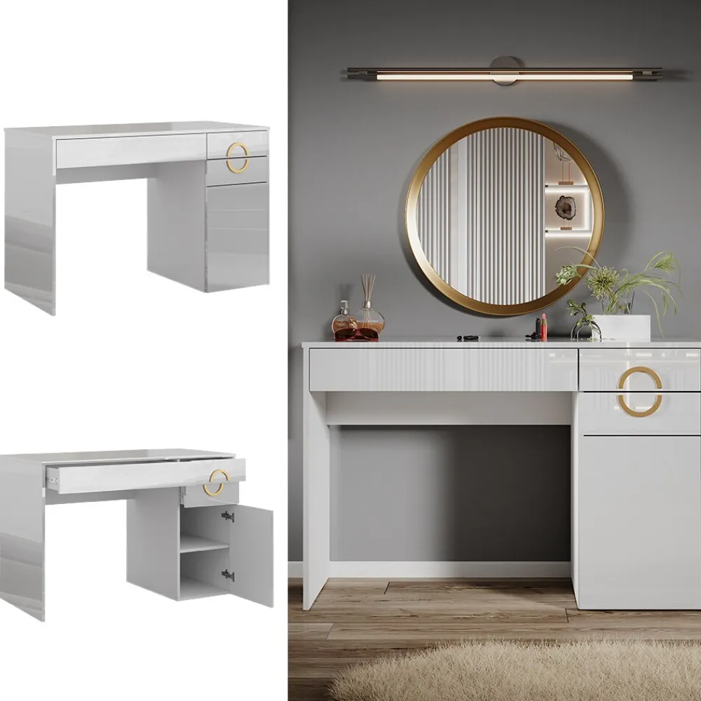Vicco Schminktisch Adela Weiß Hochglanz, 115 x 76,4 cm, Frisiertisch, Schubladen Outlet