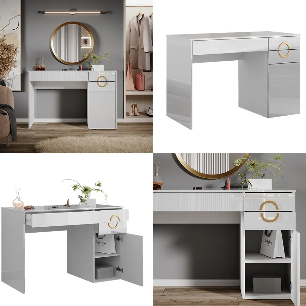 Vicco Schminktisch Adela Weiß Hochglanz, 115 x 76,4 cm, Frisiertisch, Schubladen Outlet
