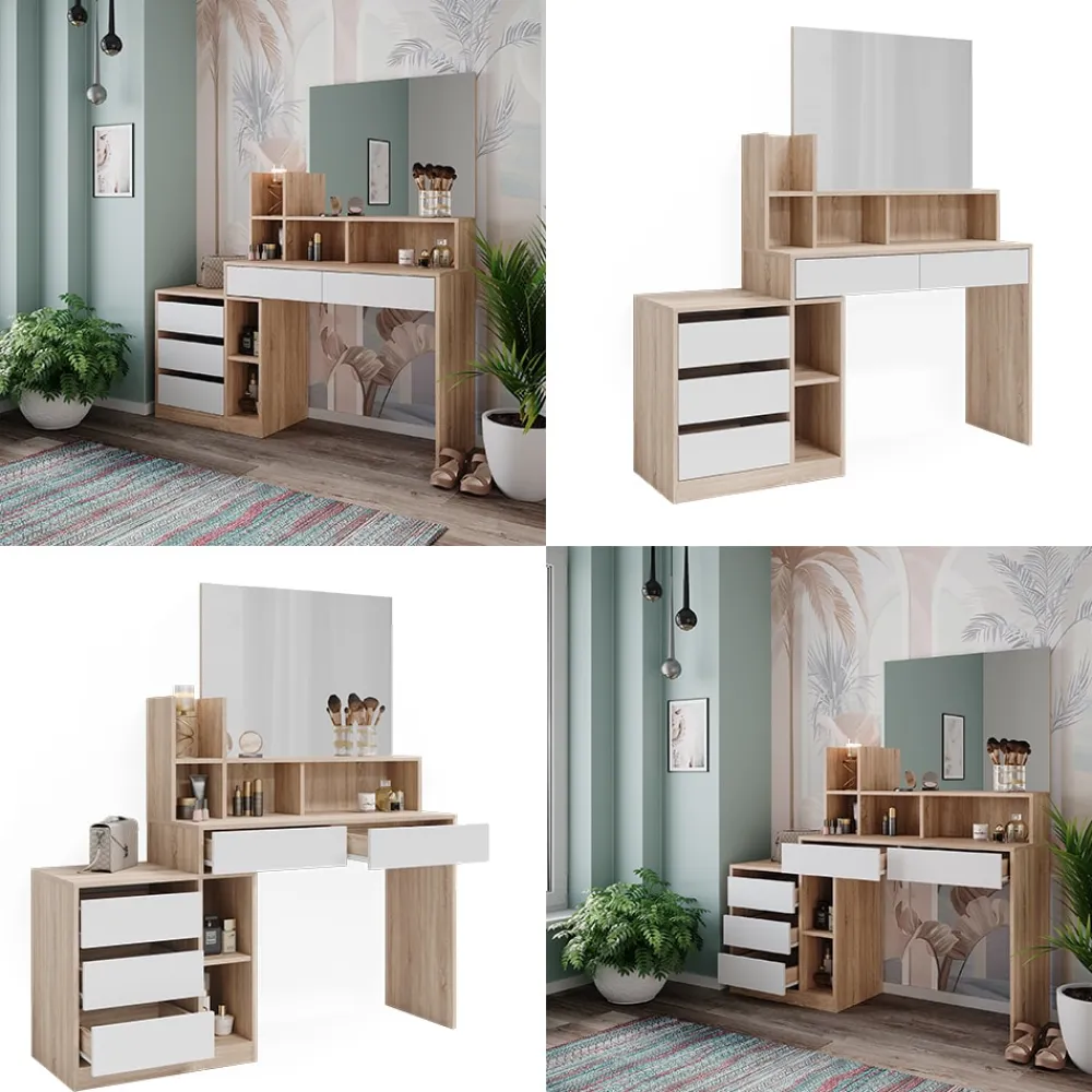 Vicco Schminktisch Anja 139,8 x 115 cm Sonoma Weiß Spiegel Frisiertisch modern