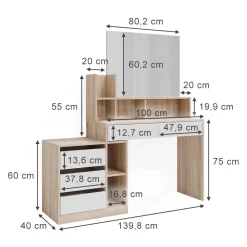 Vicco Schminktisch Anja 139,8 x 115 cm Sonoma Weiß Spiegel Frisiertisch modern
