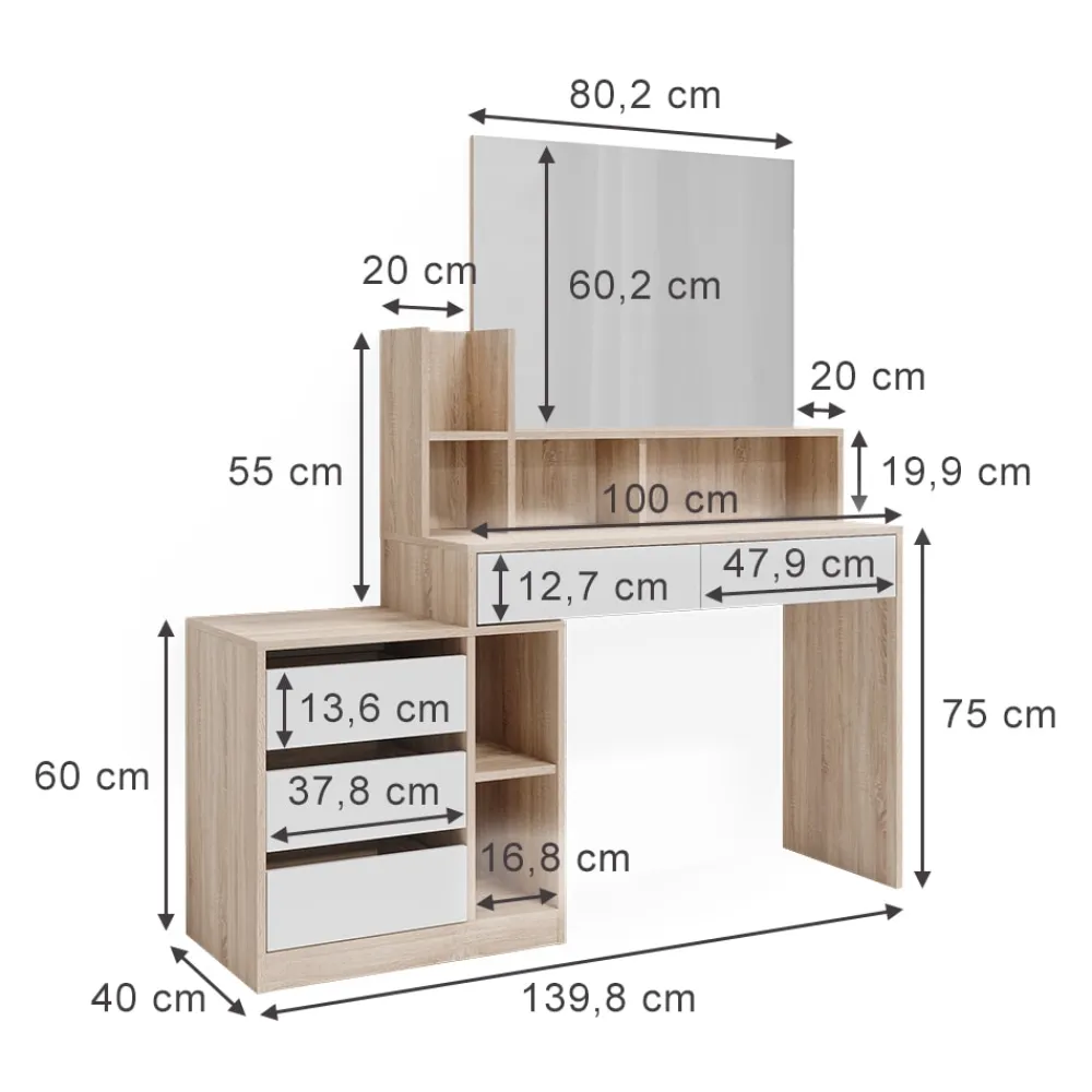Vicco Schminktisch Anja 139,8 x 115 cm Sonoma Weiß Spiegel Frisiertisch modern