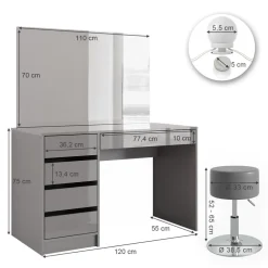 Vicco Schminktisch Frisiertisch Frisierkommode Sherry Grau Schminkspiegel LED Hocker 120x75 cm modern Schlafzimmer Kommode Schublade Ablage Aufbewahrung Kosmetiktisch Make-Up-Tisch Hochglanz Online