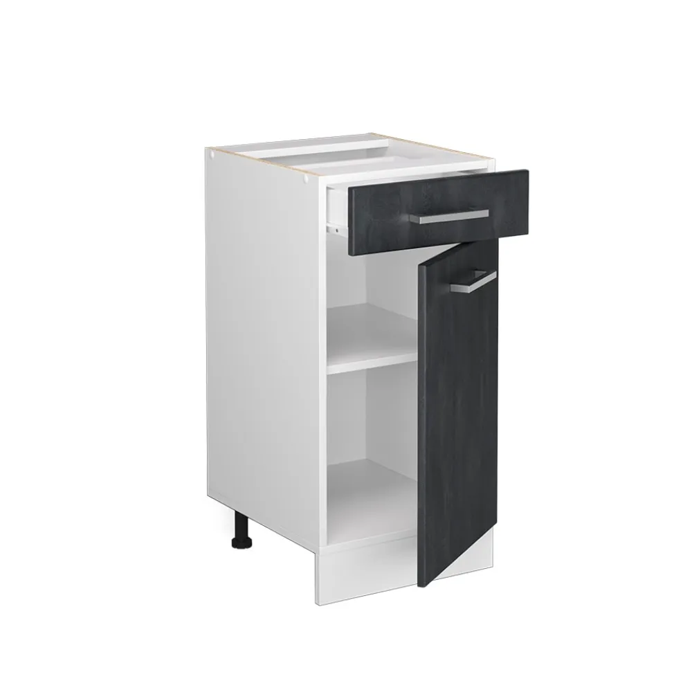 Vicco Schubunterschrank R-Line Schwarz Beton Weiß 40 cm mit Arbeitsplatte Eiche Hot