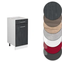 Vicco Schubunterschrank R-Line Schwarz Beton Weiß 40 cm mit Arbeitsplatte Eiche Hot