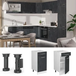Vicco Schubunterschrank R-Line Schwarz Beton Weiß 40 cm mit Arbeitsplatte Eiche Hot