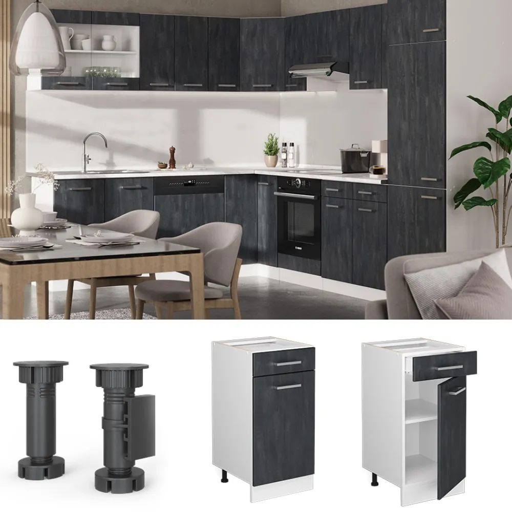 Vicco Schubunterschrank R-Line Schwarz Beton Weiß 40 cm mit Arbeitsplatte Eiche Hot