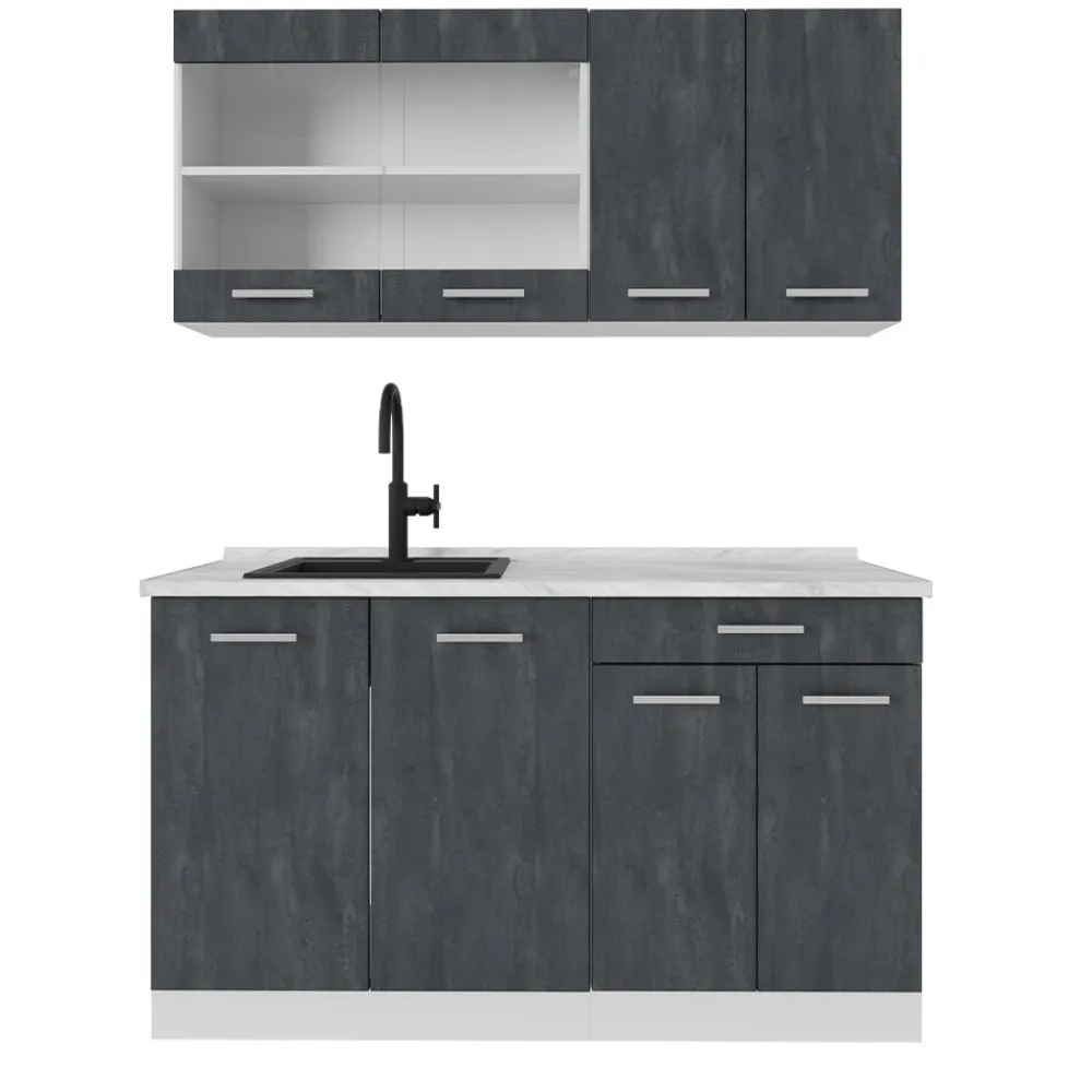 Vicco Singleküche R-Line 140 cm Schwarz Beton Weiß ohne Arbeitsplatte Best