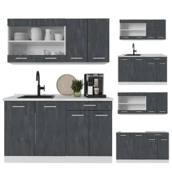 Vicco Singleküche R-Line 140 cm Schwarz Beton Weiß ohne Arbeitsplatte Best