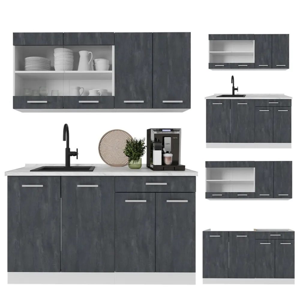Vicco Singleküche R-Line 140 cm Schwarz Beton Weiß ohne Arbeitsplatte Best